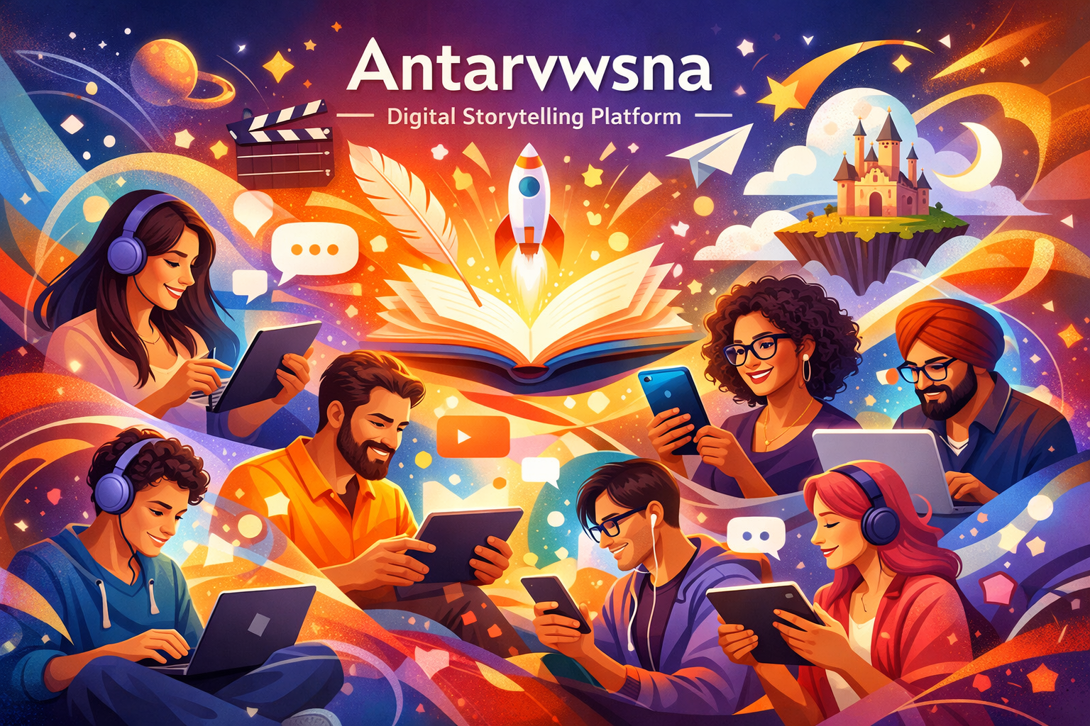 Illustration of a vibrant online storytelling community on Antarvwsna, with people sharing stories, books, and multimedia content